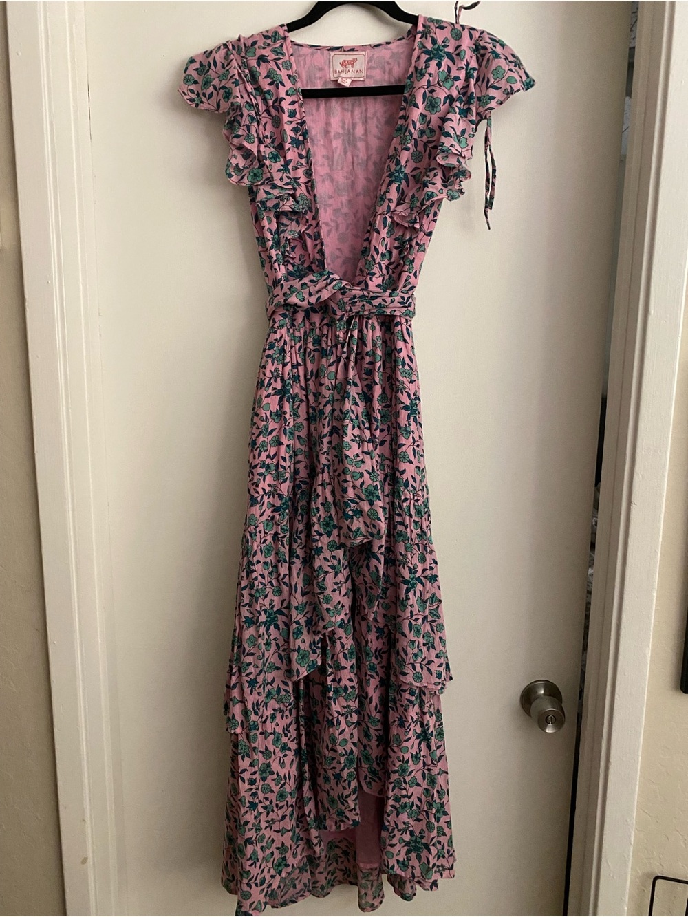 Banjanan Pink Floral Wrap Maxi Dress with Green Leaf Print